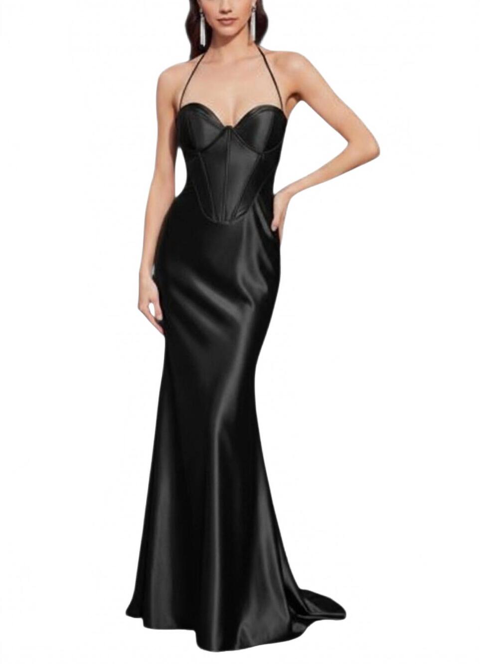 NEW CINDERELLA DIVINE halter satin corset fitted prom dress in black
